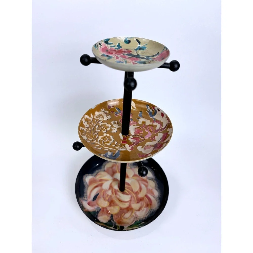 Floral Jewelry Stand 3 Tier Metal Trinket Dish Black Gold Pink